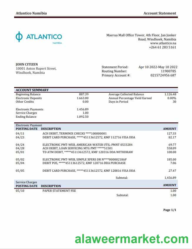 Namibia Atlantico bank statement